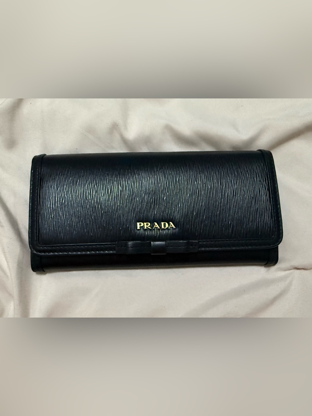 Prada Black Textured Saffiano Leather Wallet with Gold Logo